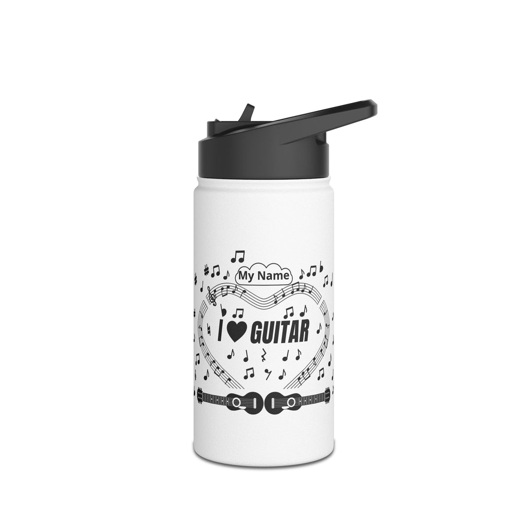 Music-themed Stainless Steel Water Bottle, Standard Lid: 'I love guitar' - black on white