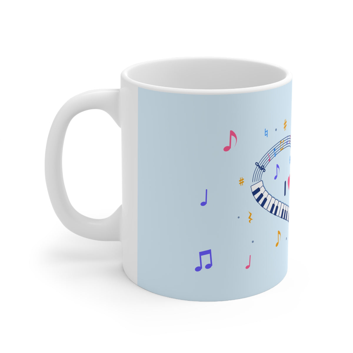 Music-themed Ceramic Mug, 11oz, 15oz: 'I love piano' heart - blue