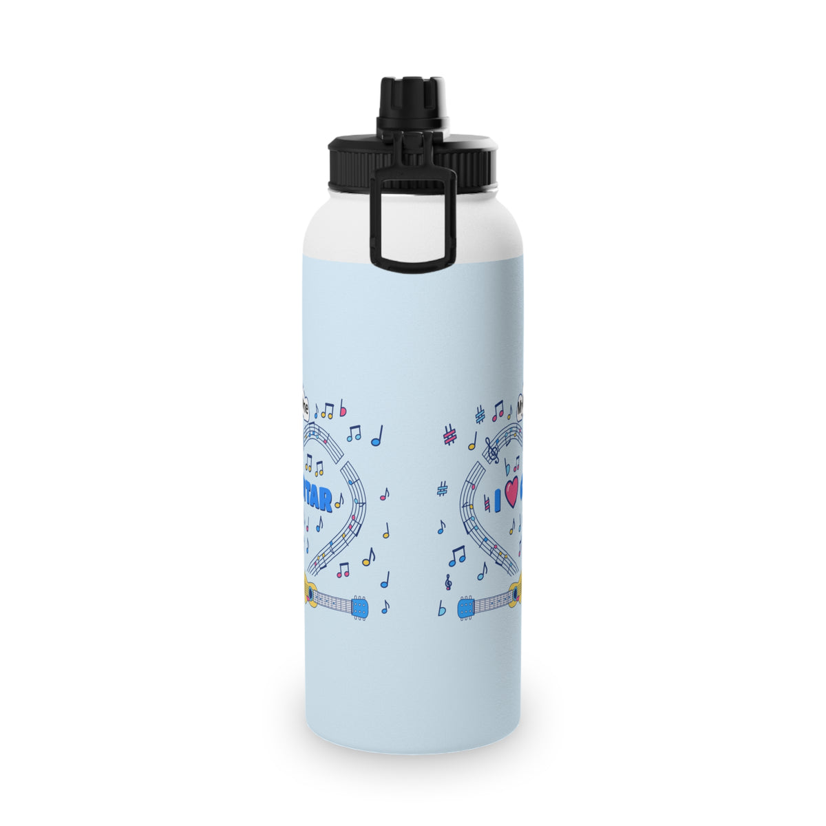Music-themed Stainless Steel Water Bottle, Sports Lid: 'I love guitar' - blue