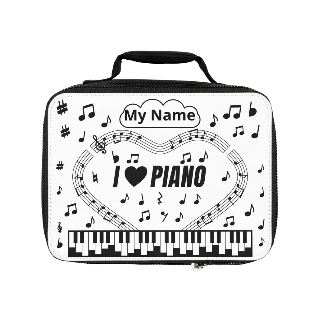 Music-themed Lunch Bag: 'I love piano' - black on white