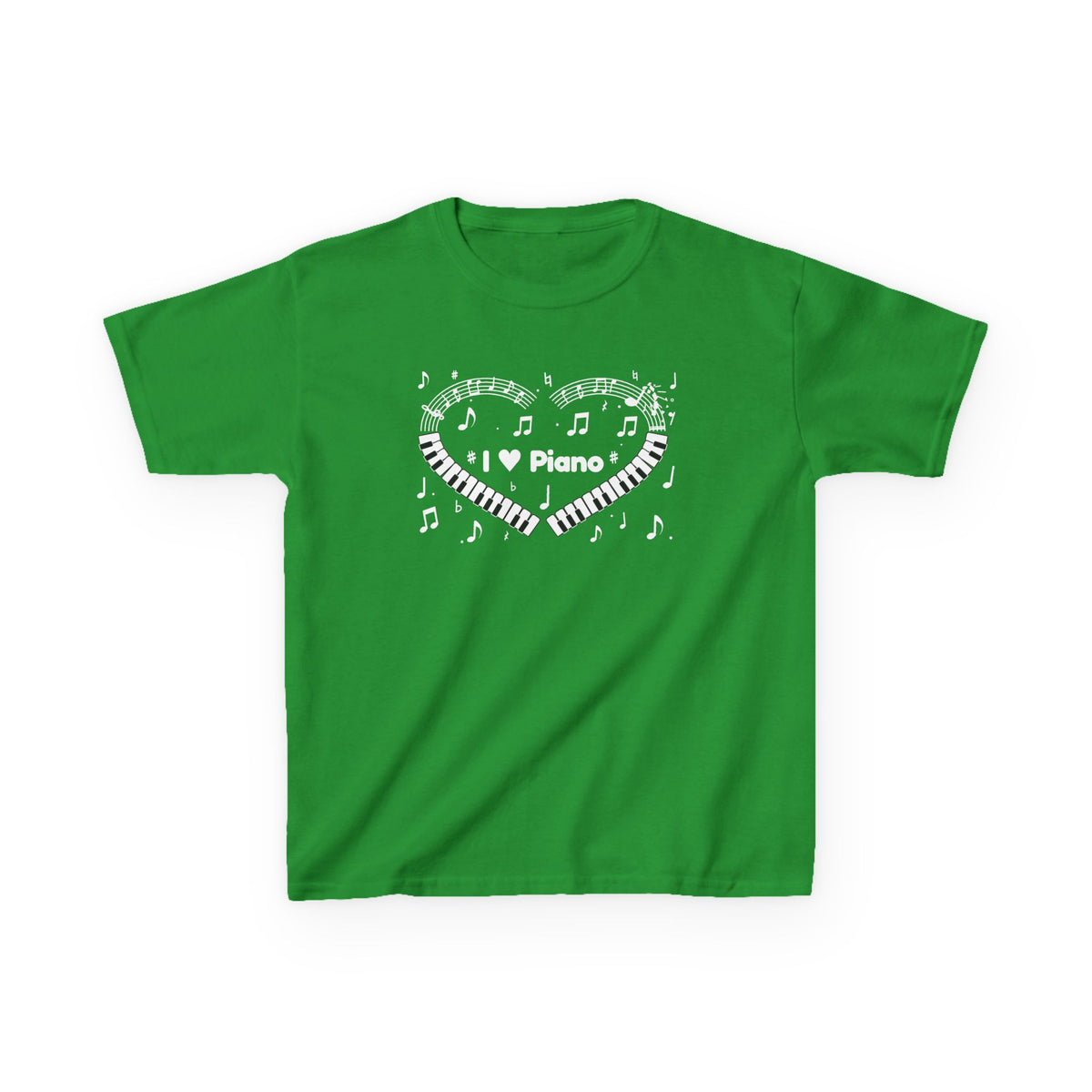 Music-themed Kids Heavy Cotton Tee: 'I love piano' heart - black & white