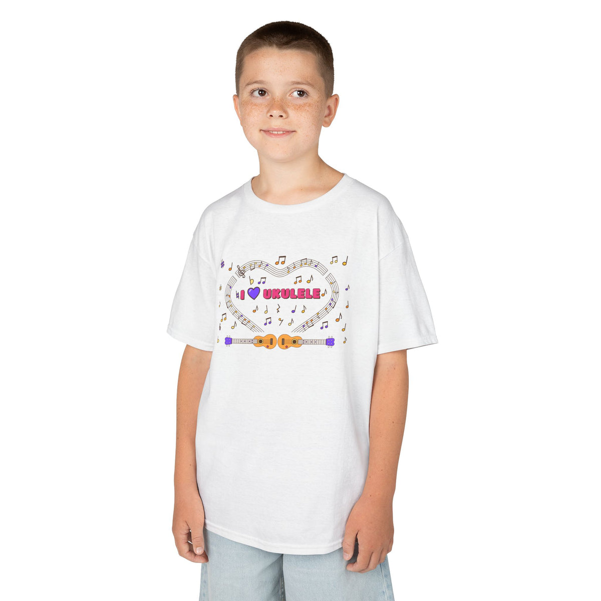 Music-themed Kids Heavy Cotton Tee: 'I love ukulele' - pink