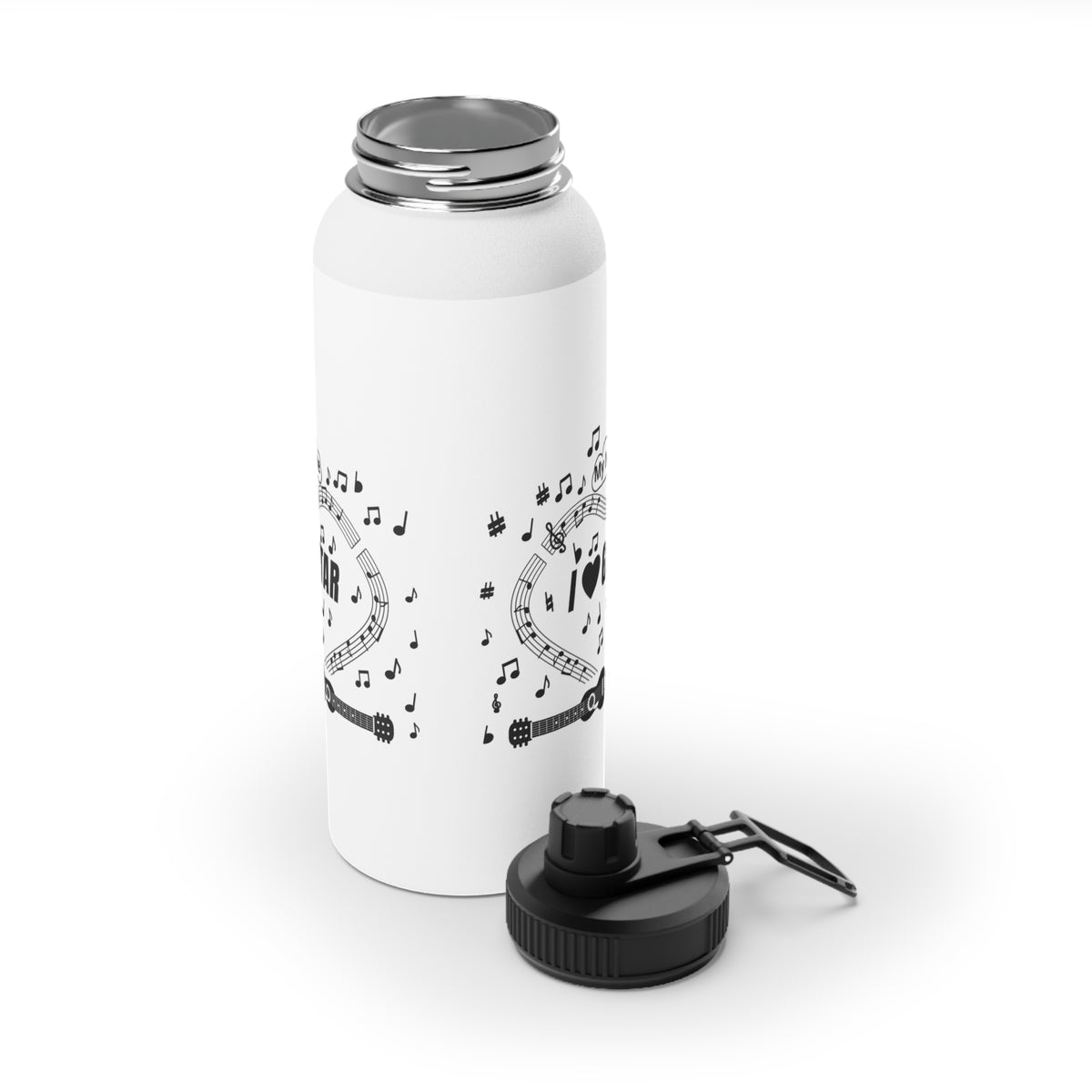 Music-themed Stainless Steel Water Bottle, Sports Lid: 'I love guitar' - black on white