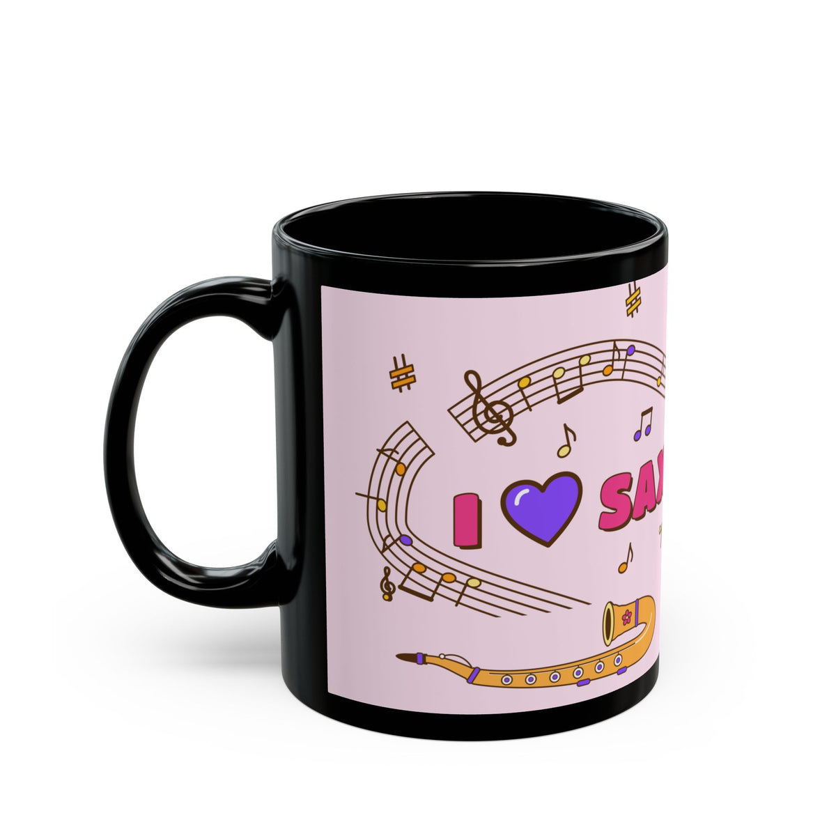 Music-themed Black Mug (11oz, 15oz): 'I love saxophone' - pink