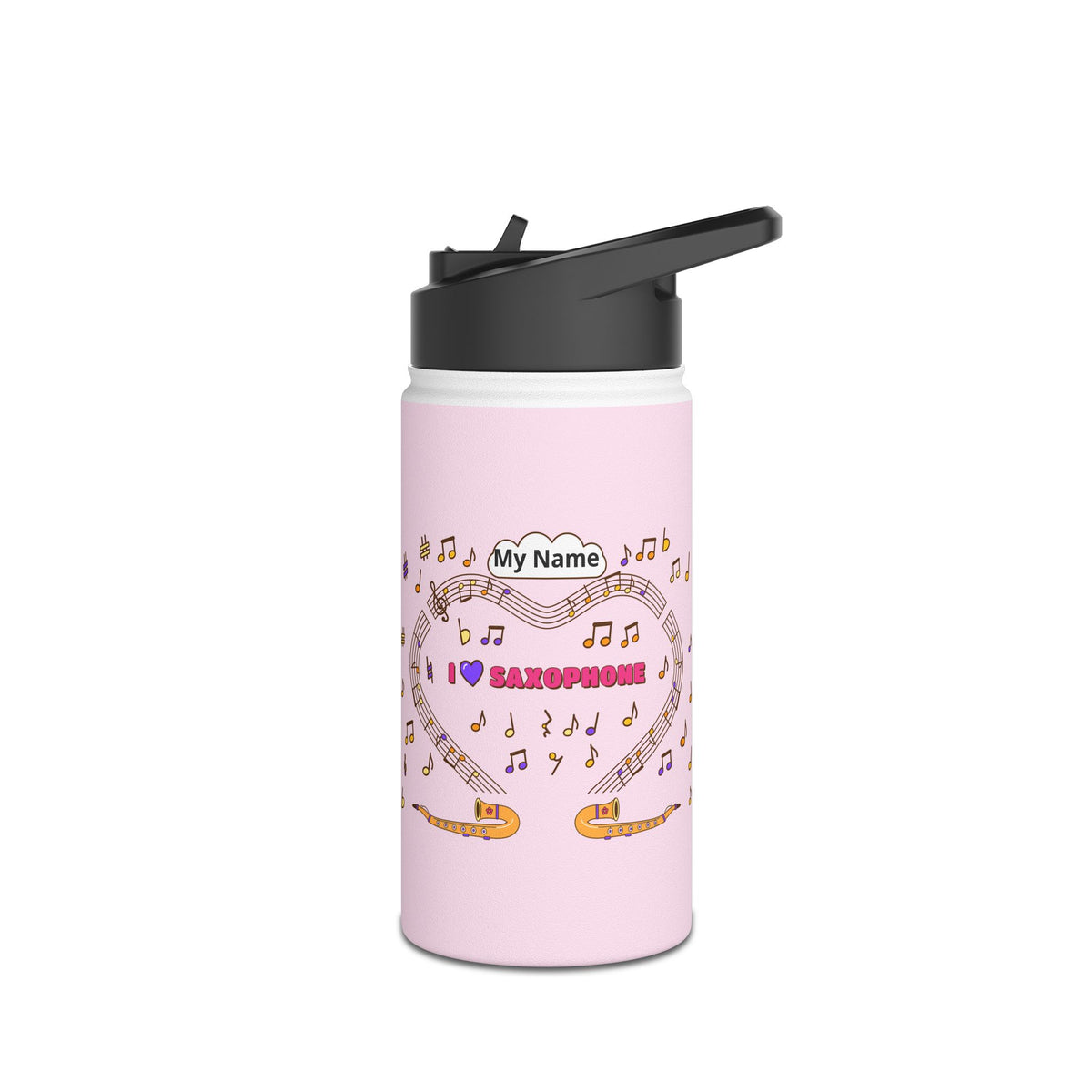 Music-themed Stainless Steel Water Bottle, Standard Lid: 'I love saxophone' - pink