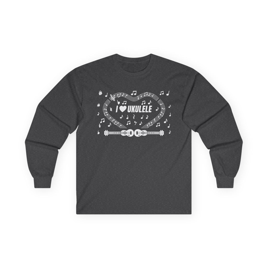 Music-themed Unisex Ultra Cotton Long Sleeve Tee: 'I love ukulele' - black & white