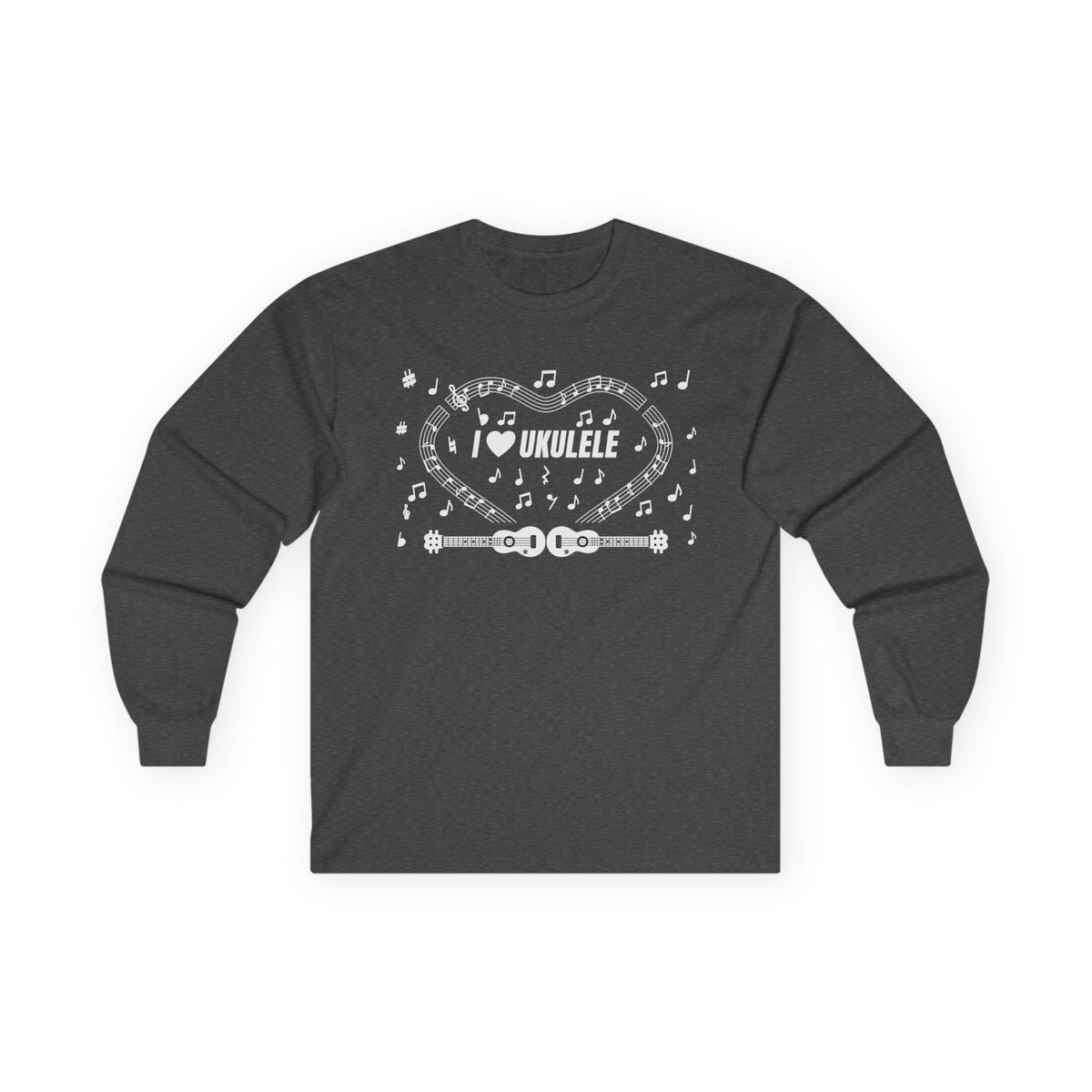 Music-themed Unisex Ultra Cotton Long Sleeve Tee: 'I love ukulele' - black & white