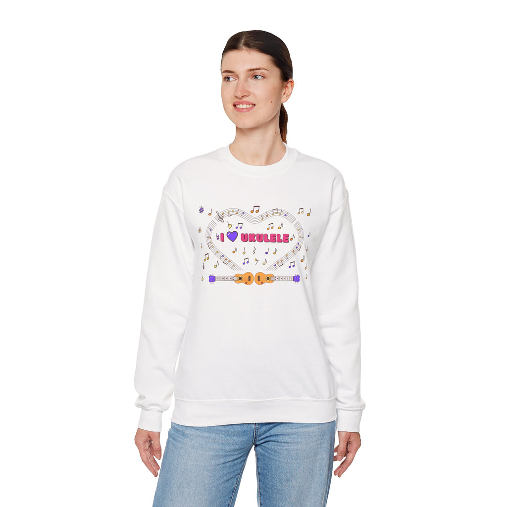 Music-themed Unisex Heavy Blend Crewneck Sweatshirt: 'I love ukulele' - pink