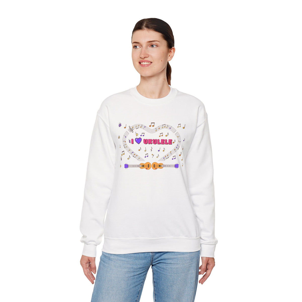 Music-themed Unisex Heavy Blend Crewneck Sweatshirt: 'I love ukulele' - pink