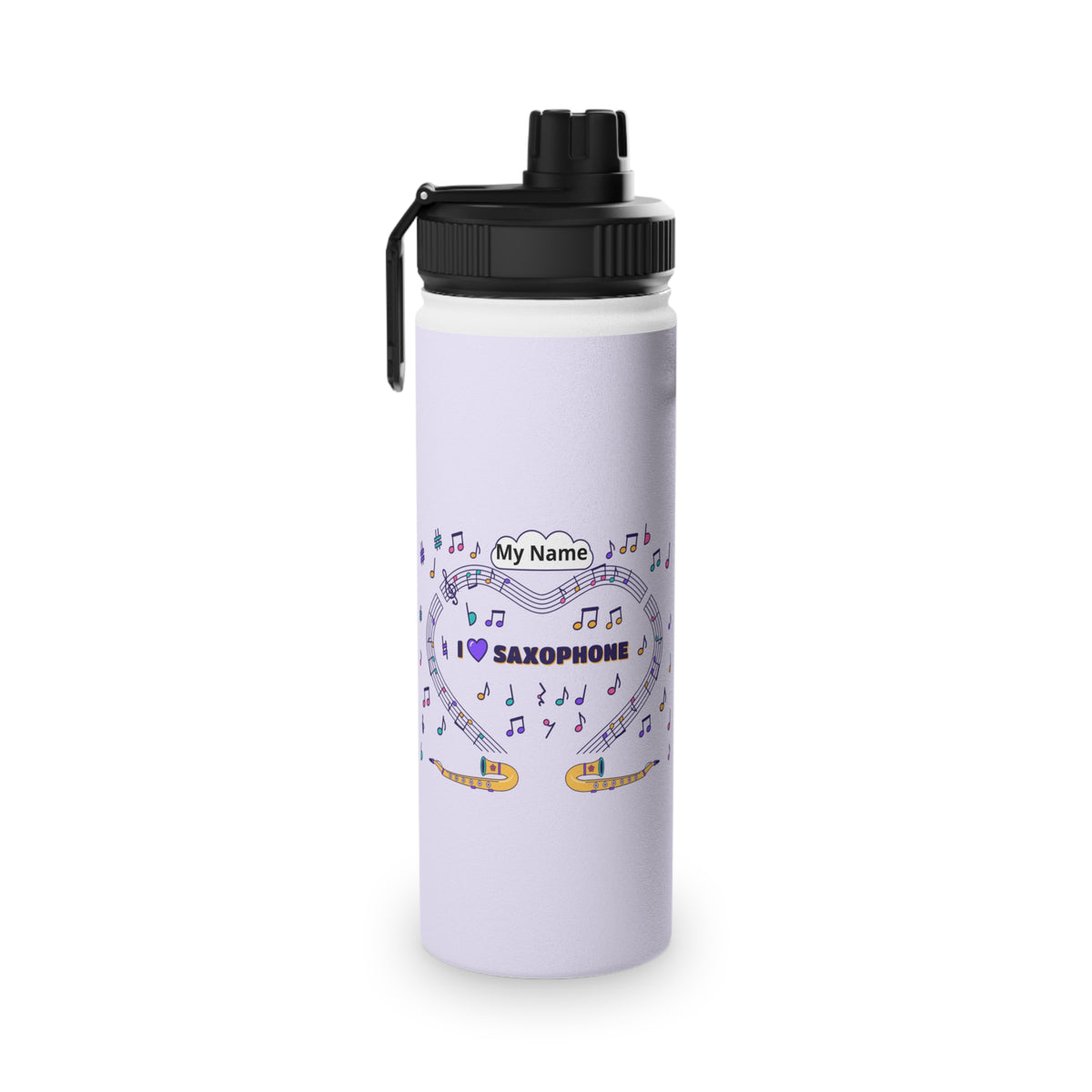 Music-themed Stainless Steel Water Bottle, Sports Lid: 'I love saxophone' - violet