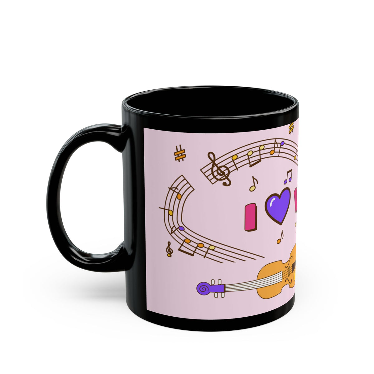 Music-themed Black Mug (11oz, 15oz): 'I love violin' - pink