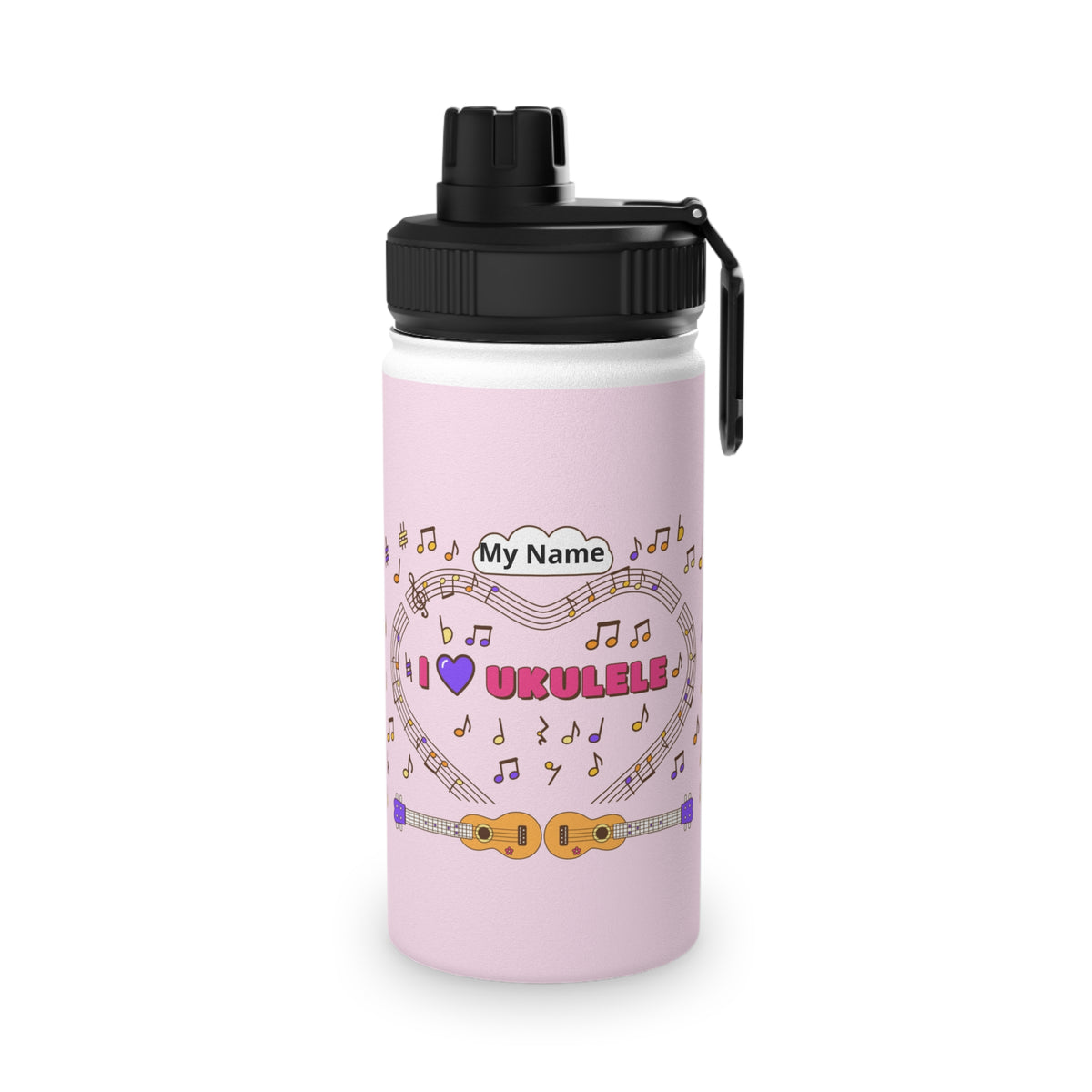 Music-themed Stainless Steel Water Bottle, Sports Lid: 'I love ukulele' - pink