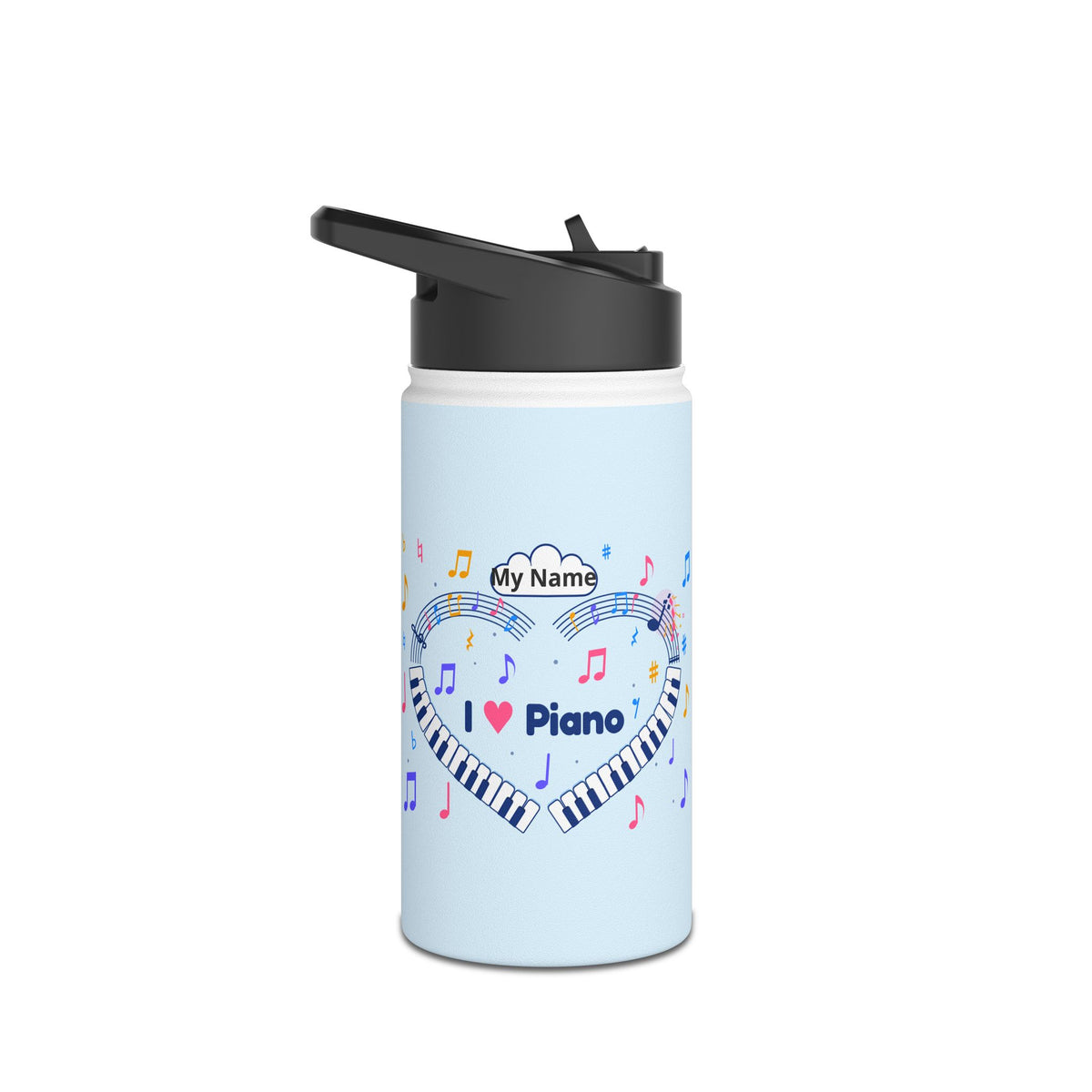 Music-themed Stainless Steel Water Bottle, Standard Lid: 'I love piano' heart - blue