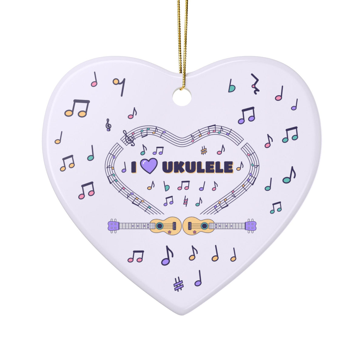 Music-themed Ceramic Ornaments, 1-Side Print: 'I love ukulele' - violet