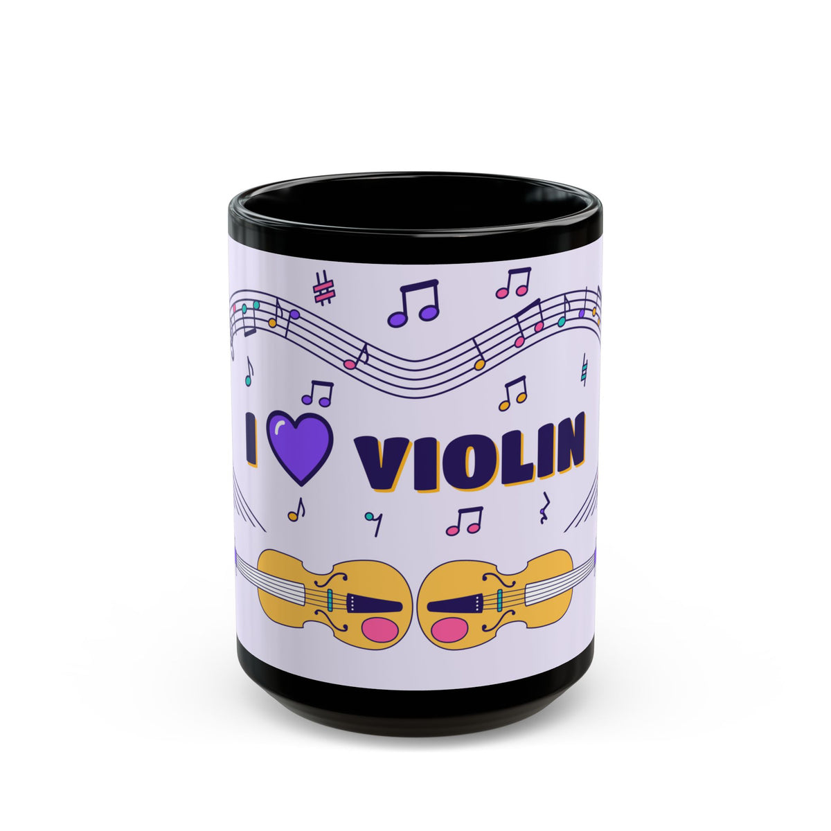 Music-themed Black Mug (11oz, 15oz): 'I love violin' - violet