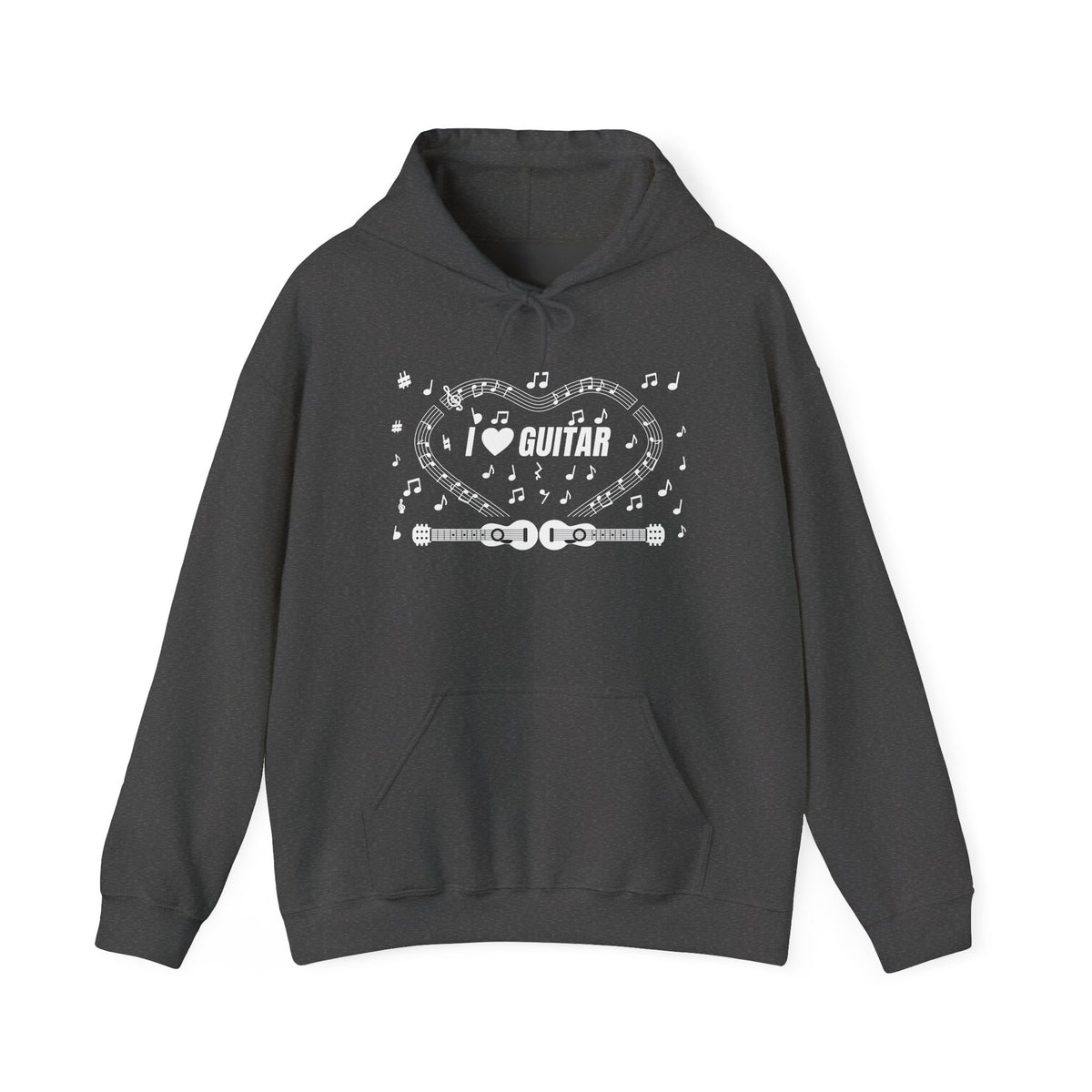 Music-themed Unisex Heavy Blend Hooded Sweatshirt: 'I love guitar' - black & white
