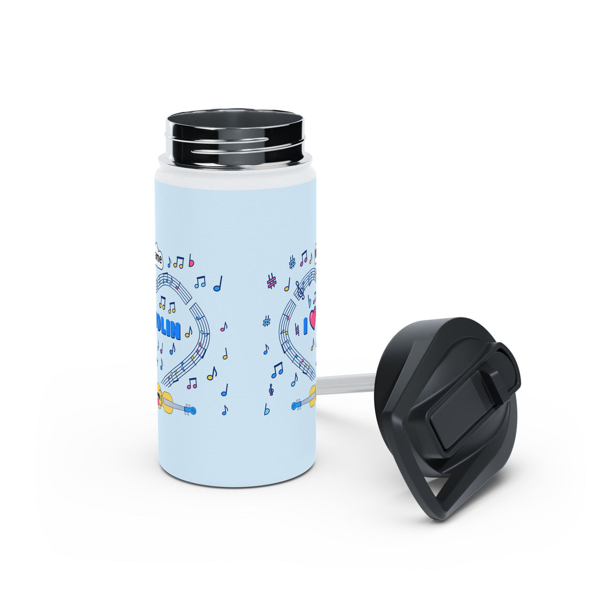 Music-themed Stainless Steel Water Bottle, Standard Lid: 'I love violin' - blue