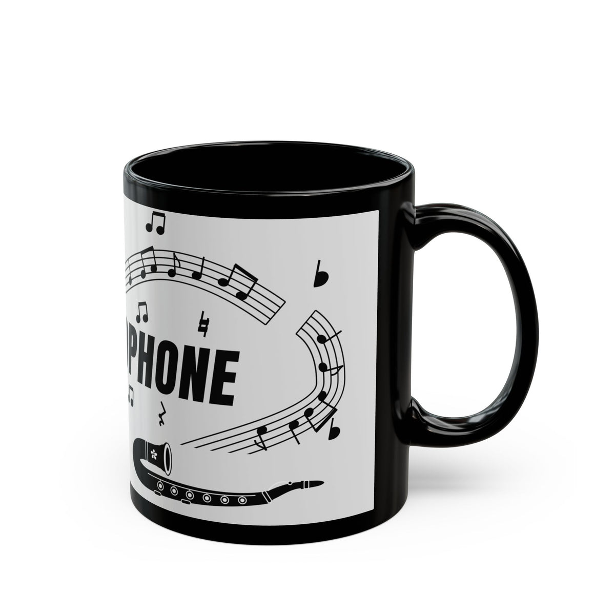 Music-themed Black Mug (11oz, 15oz): 'I love saxophone' - black on white
