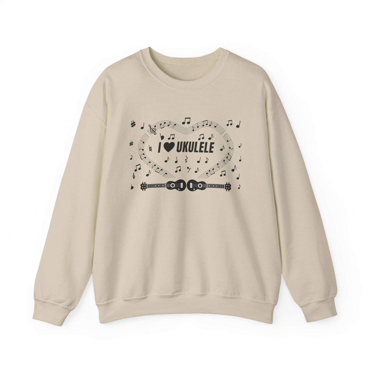 Music-themed Unisex Heavy Blend Crewneck Sweatshirt: 'I love ukulele' - black on white