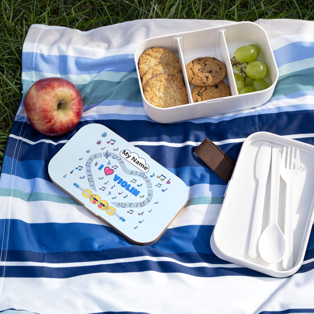 Music-themed Bento Lunch Box: 'I love violin' - blue