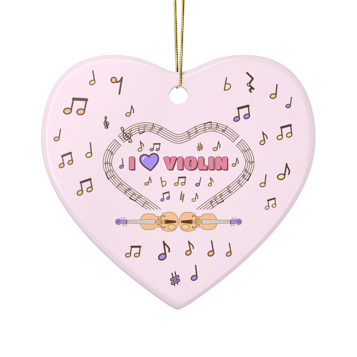 Music-themed Ceramic Ornaments, 2-Side Print: 'I love violin' - pink