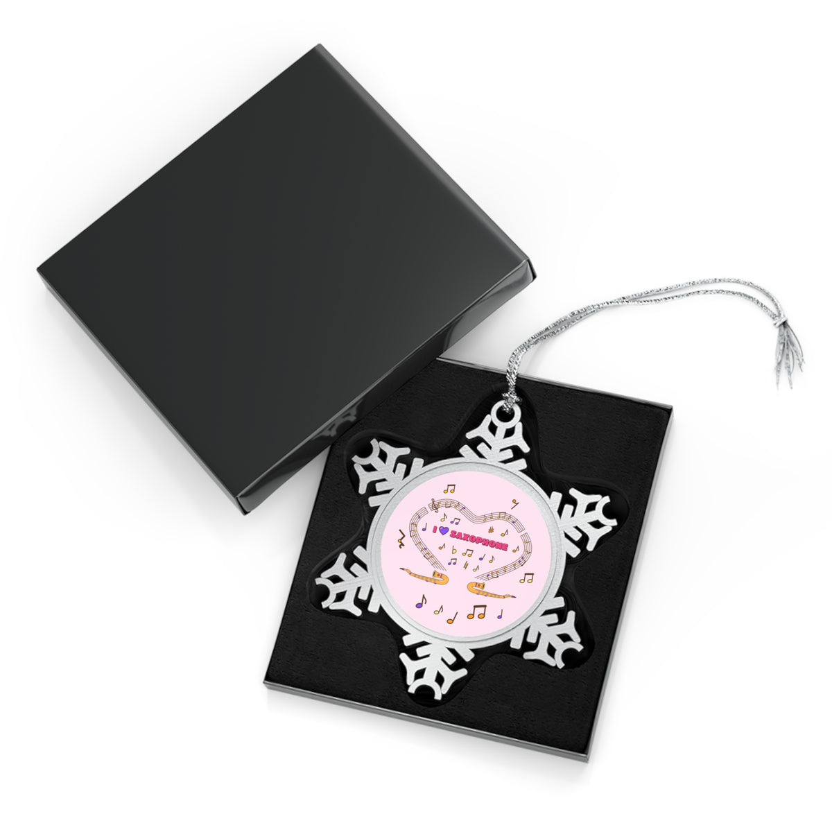 Music-themed Pewter Snowflake Ornament: 'I love saxophone' - pink