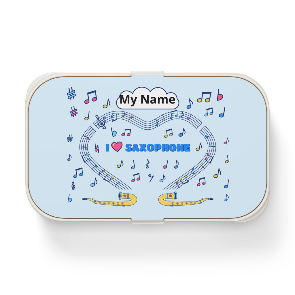 Music-themed Bento Lunch Box: 'I love saxophone' - blue