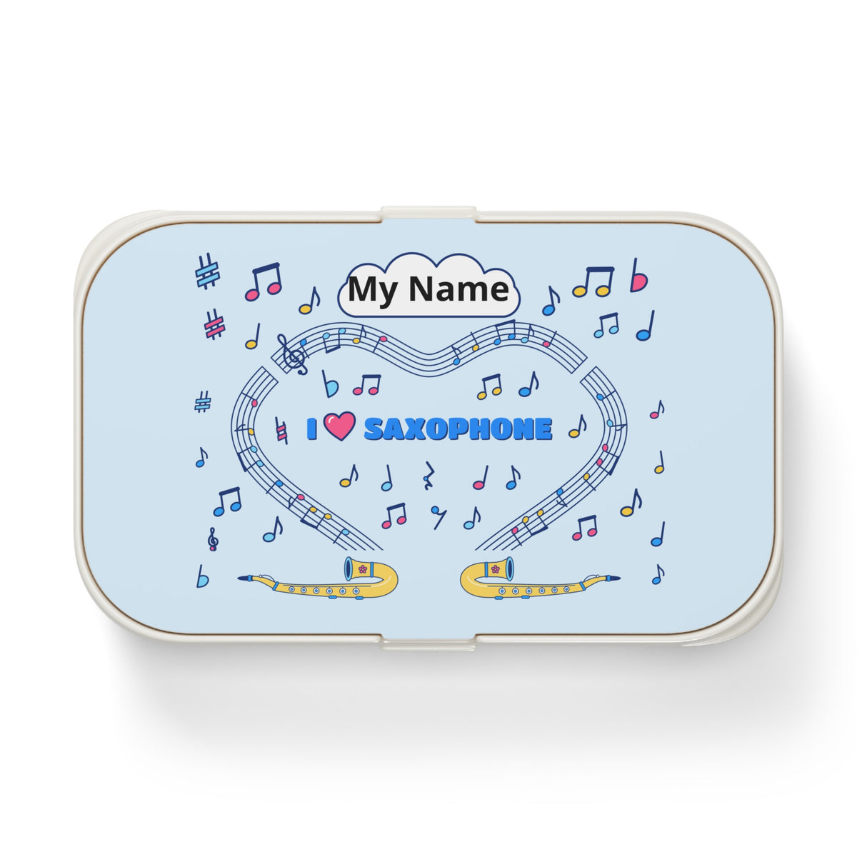 Music-themed Bento Lunch Box: 'I love saxophone' - blue