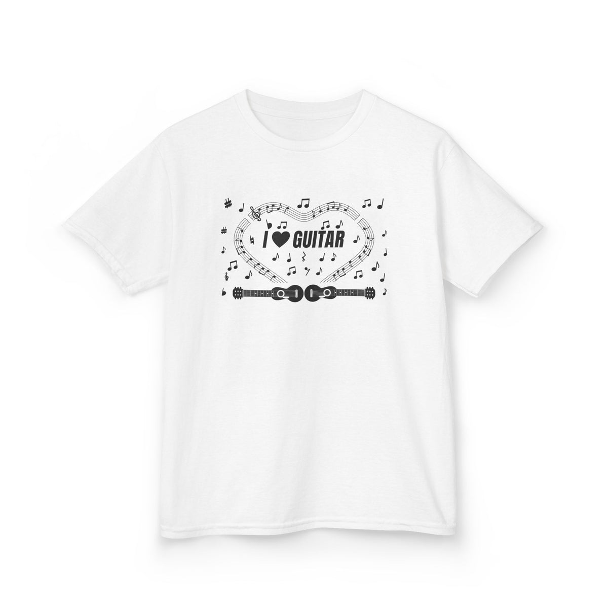 Music-themed Kids Heavy Cotton Tee: 'I love guitar' - black on white