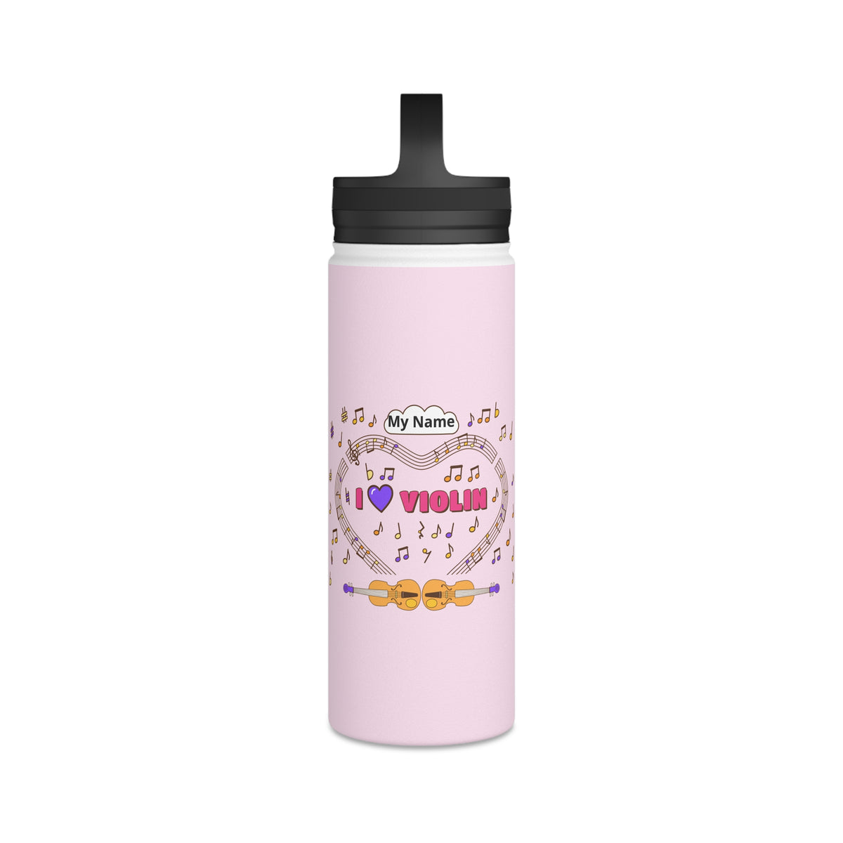 Music-themed Stainless Steel Water Bottle, Handle Lid: 'I love violin' - pink
