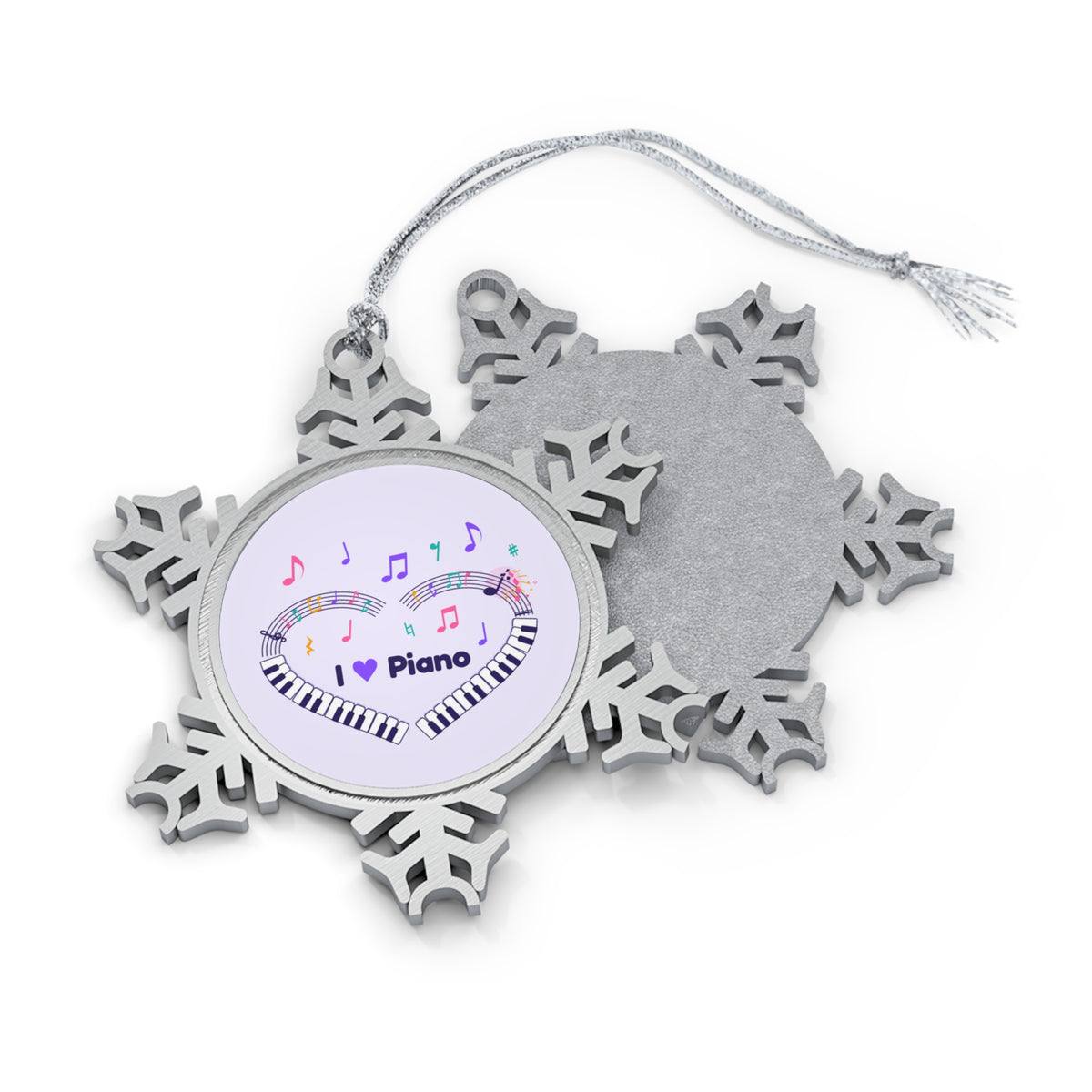 Music-themed Pewter Snowflake Ornament: 'I love piano' heart - violet