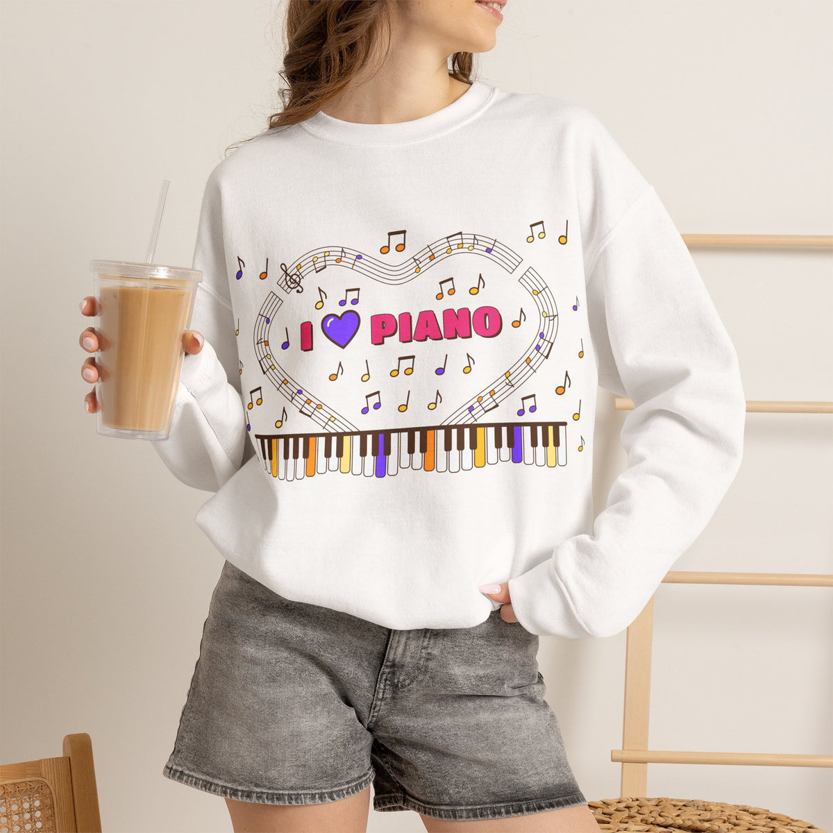 Music-themed Unisex Heavy Blend Crewneck Sweatshirt: 'I love piano' - pink