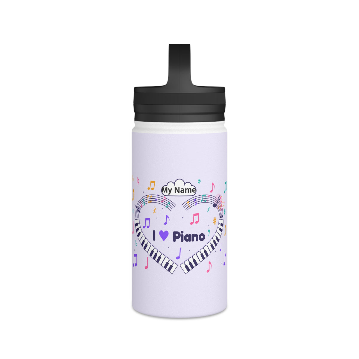 Music-themed Stainless Steel Water Bottle, Handle Lid: 'I love piano' heart - violet