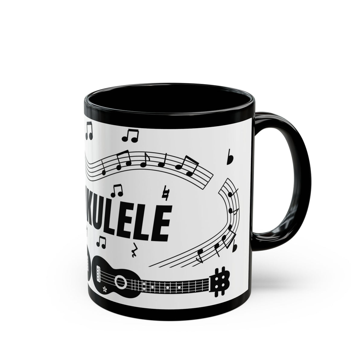 Music-themed Black Mug (11oz, 15oz): 'I love ukulele' - black on white