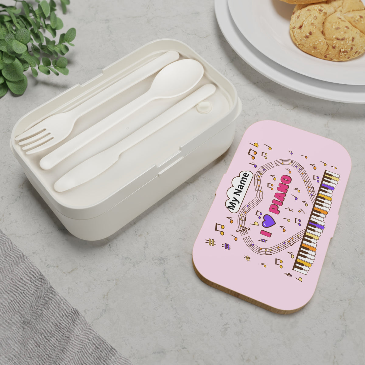 Music-themed Bento Lunch Box: 'I love piano' - pink