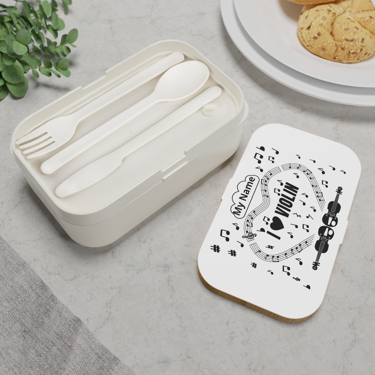 Music-themed Bento Lunch Box: 'I love violin' - black on white