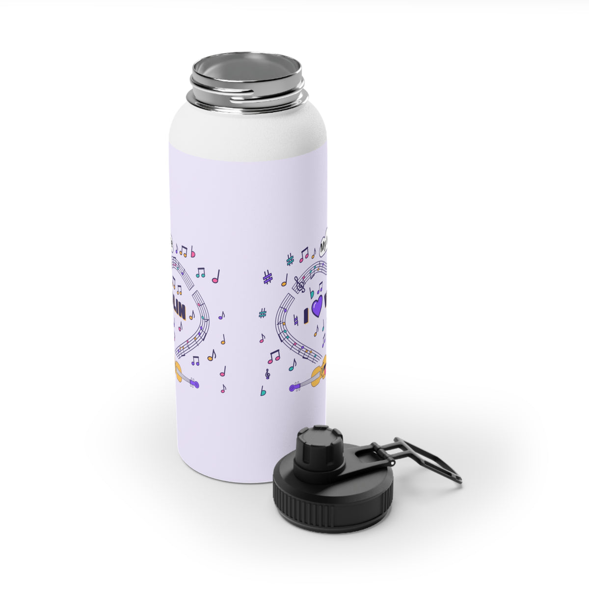 Music-themed Stainless Steel Water Bottle, Sports Lid: 'I love violin' - violet