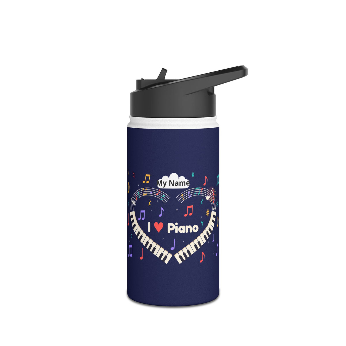 Music-themed Stainless Steel Water Bottle, Standard Lid: 'I love piano' heart - navy