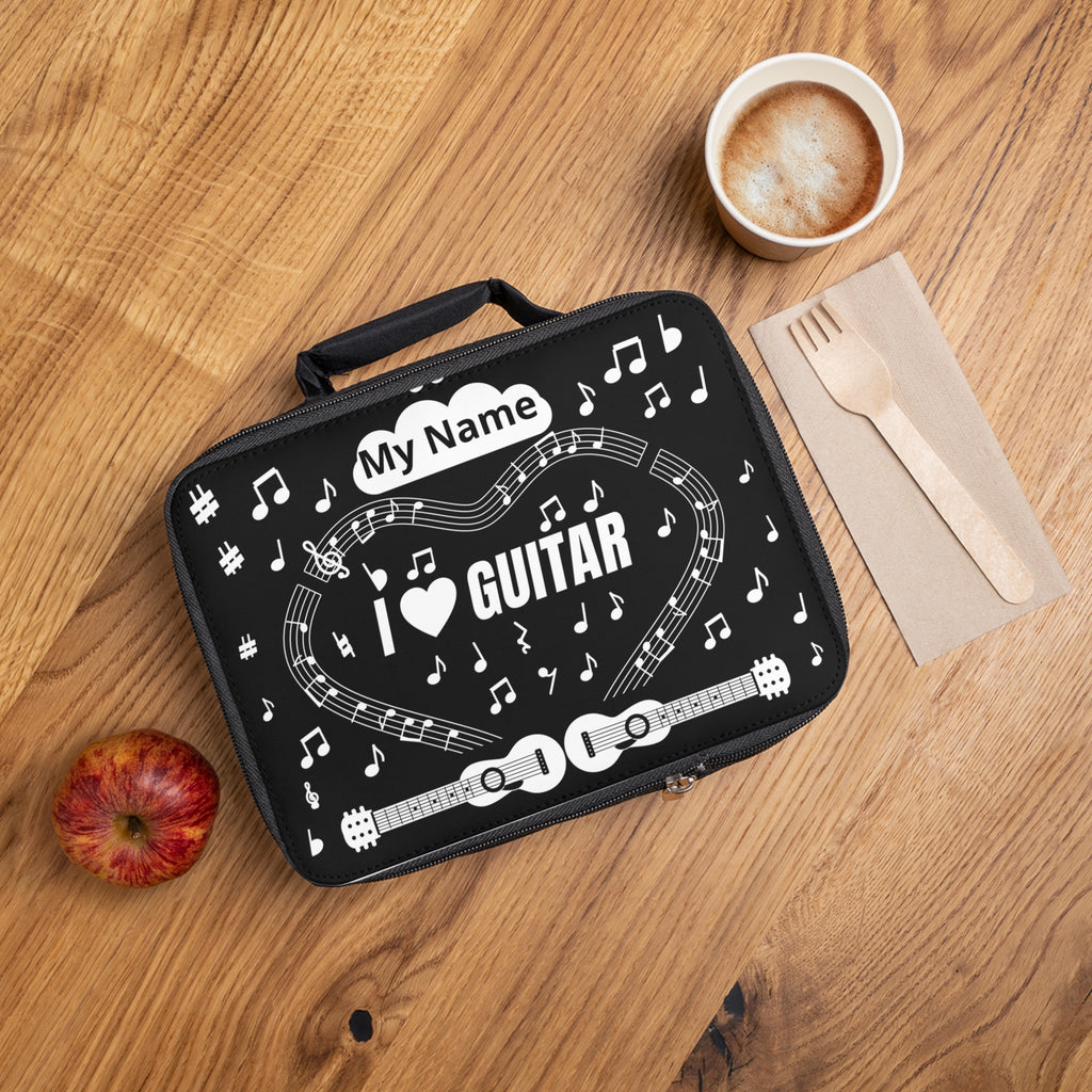 Music-themed Lunch Bag: 'I love guitar' - black & white