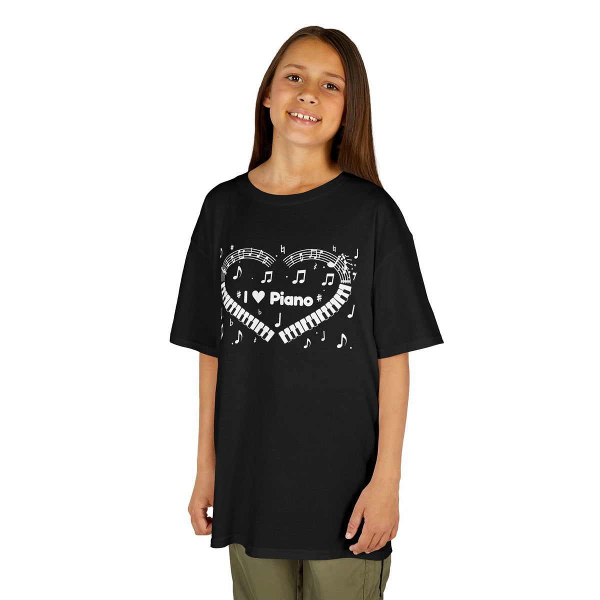Music-themed Kids Heavy Cotton Tee: 'I love piano' heart - black & white