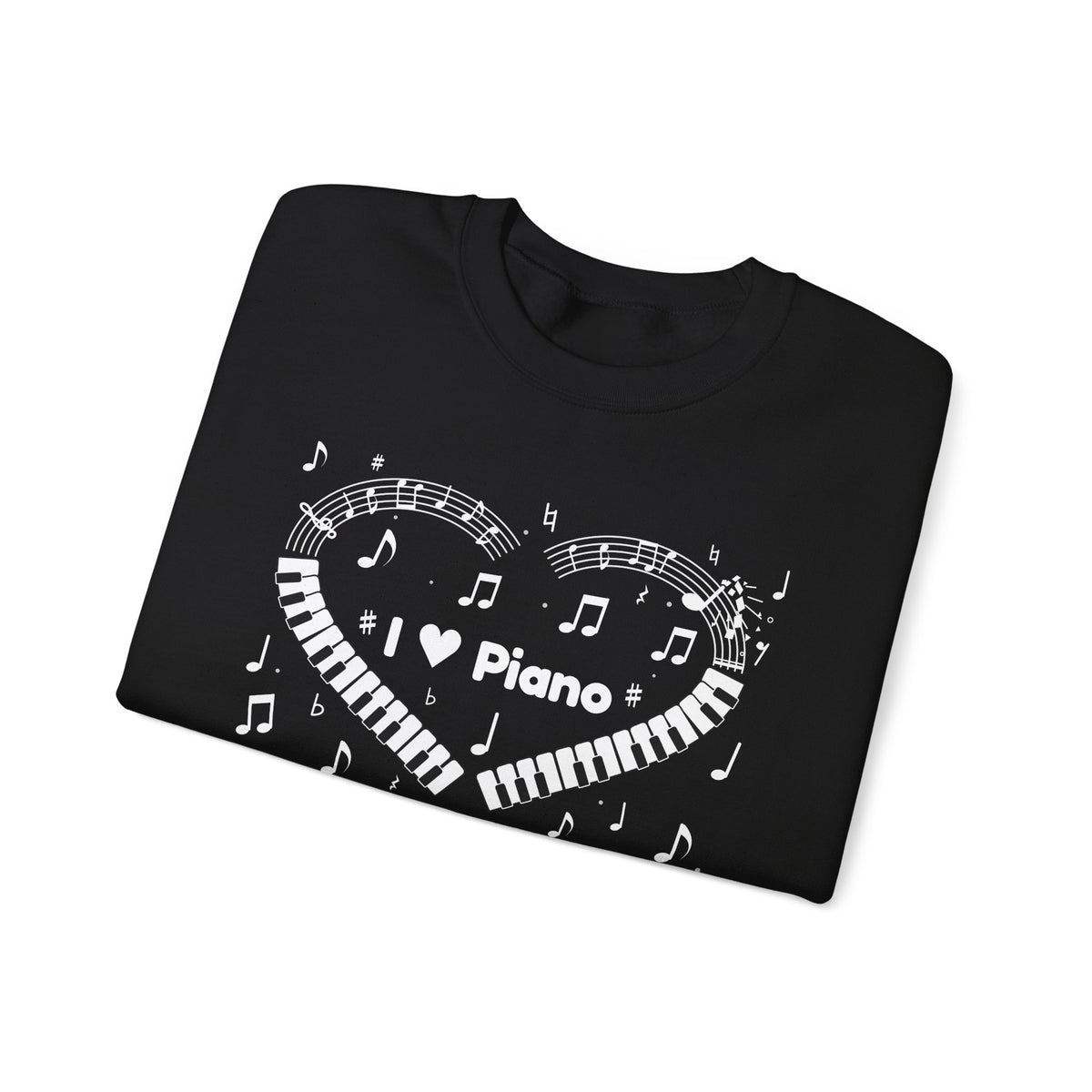 Music-themed Unisex Heavy Blend Crewneck Sweatshirt: 'I love piano' heart - black & white
