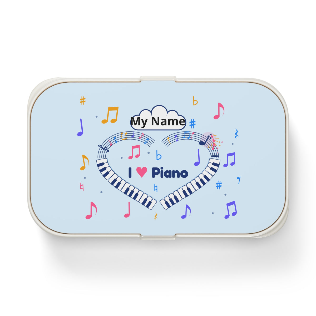 Music-themed Bento Lunch Box: 'I love piano' heart - blue