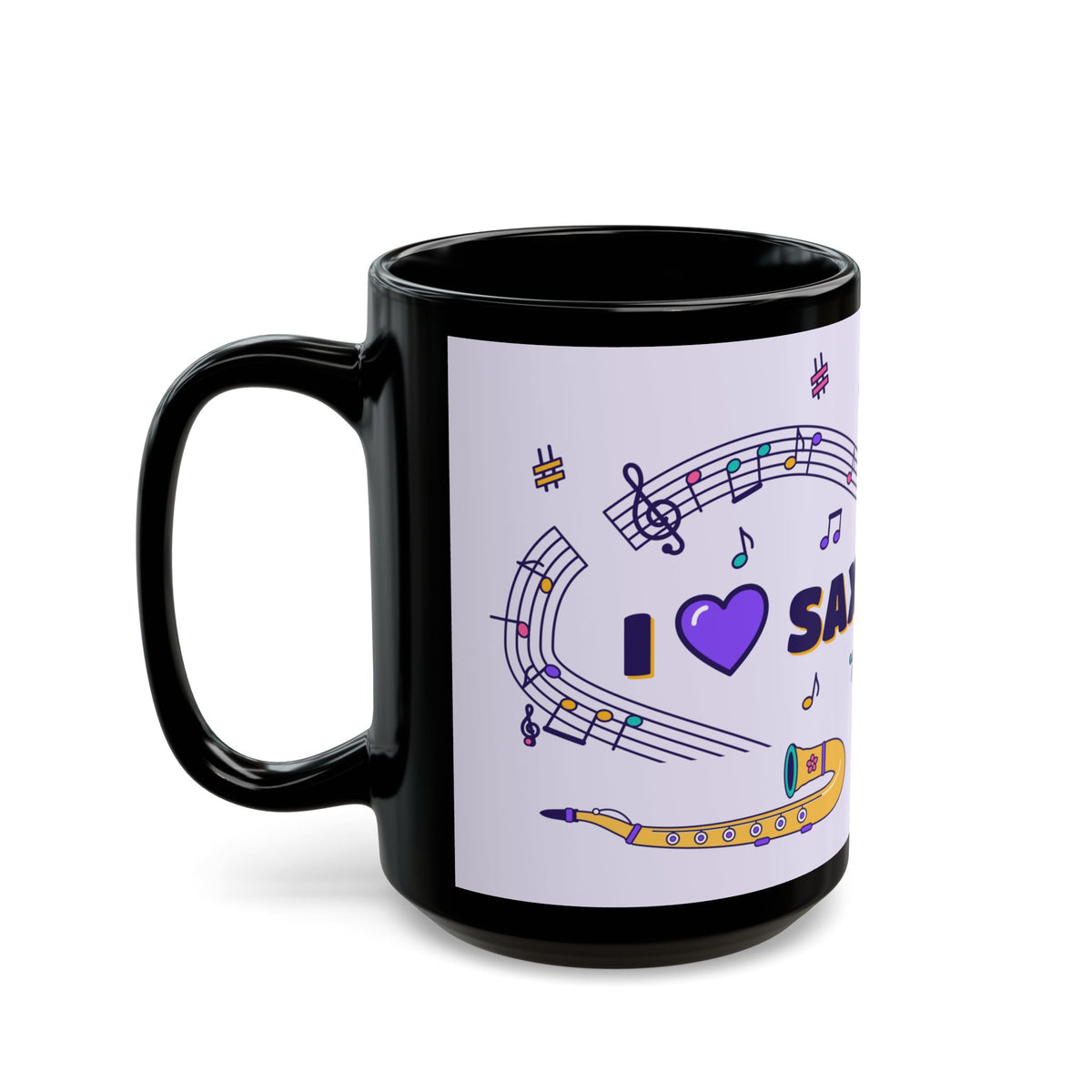 Music-themed Black Mug (11oz, 15oz): 'I love saxophone' - violet