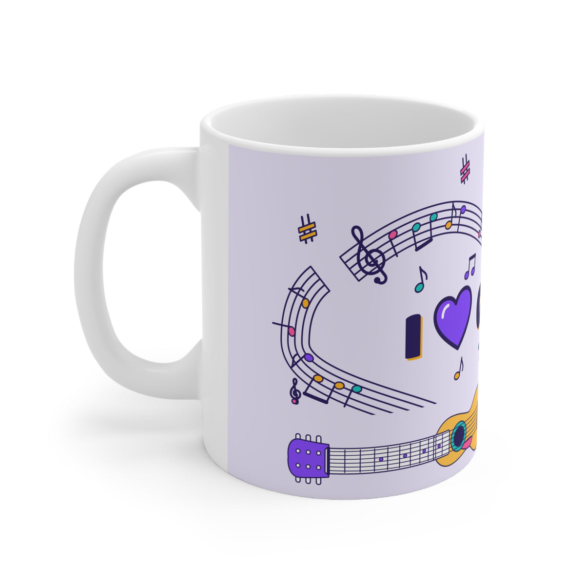 Music-themed Ceramic Mug, 11oz, 15oz: 'I love guitar' - violet