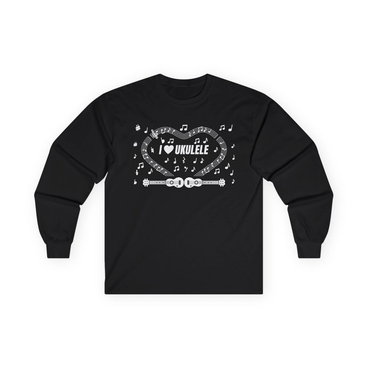 Music-themed Unisex Ultra Cotton Long Sleeve Tee: 'I love ukulele' - black & white