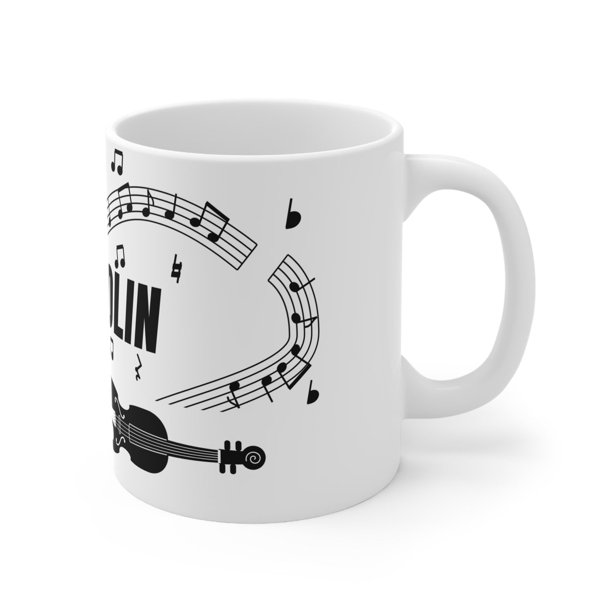 Music-themed Ceramic Mug, 11oz, 15oz: 'I love violin' - black on white