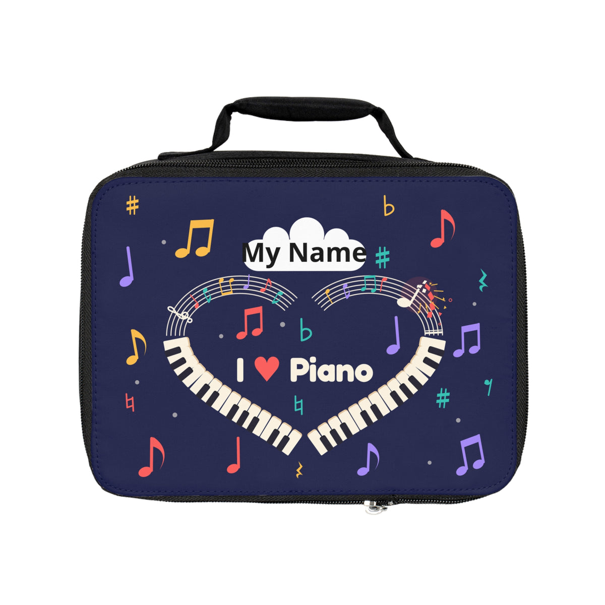 Music-themed Lunch Bag: 'I love piano' heart - navy