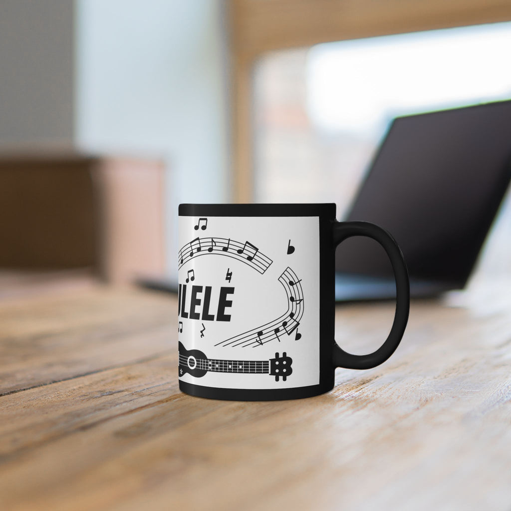 Music-themed Black Mug (11oz, 15oz): 'I love ukulele' - black on white