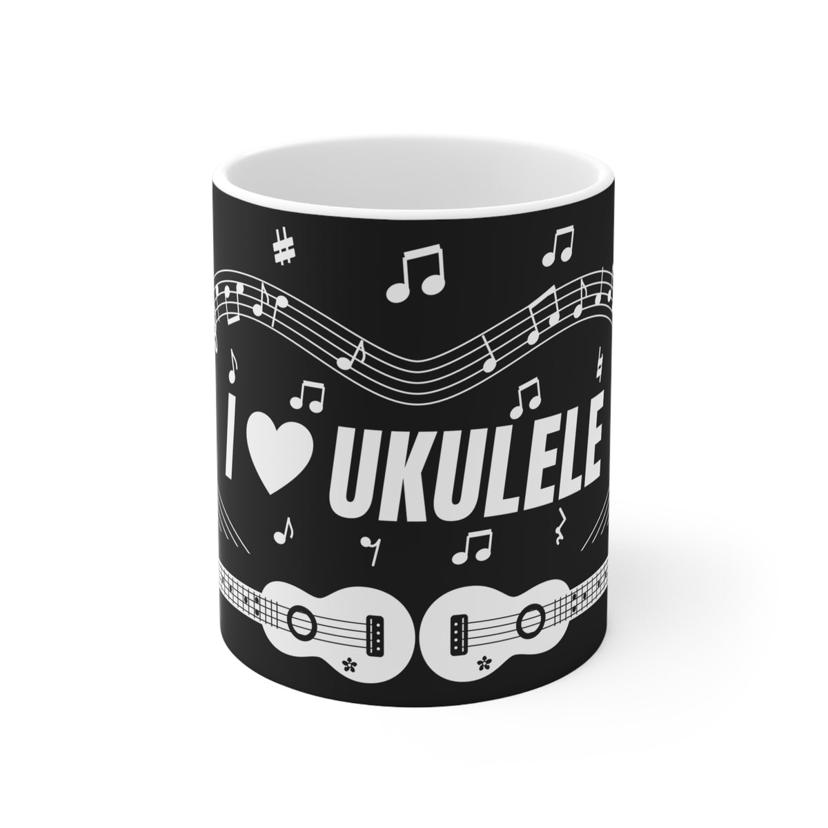 Music-themed Ceramic Mug, 11oz, 15oz: 'I love ukulele' - black & white