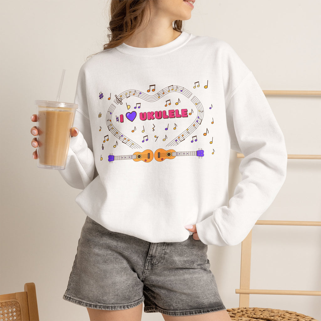 Music-themed Unisex Heavy Blend Crewneck Sweatshirt: 'I love ukulele' - pink
